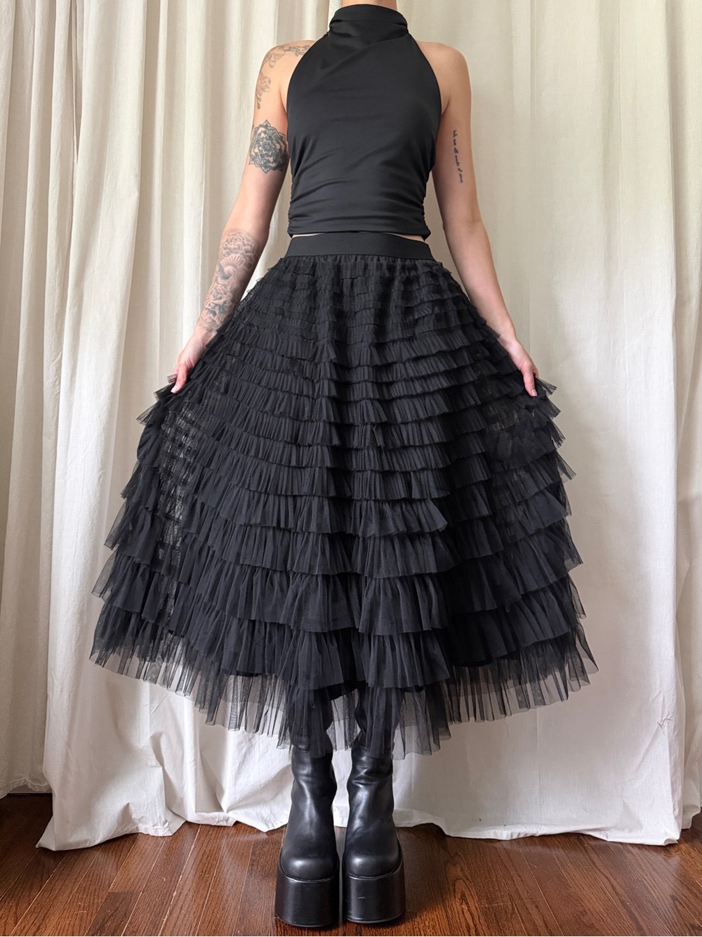 Black Tiered Ruffle Maxi Skirt Size Women's Size Large | Goth Avant Garde